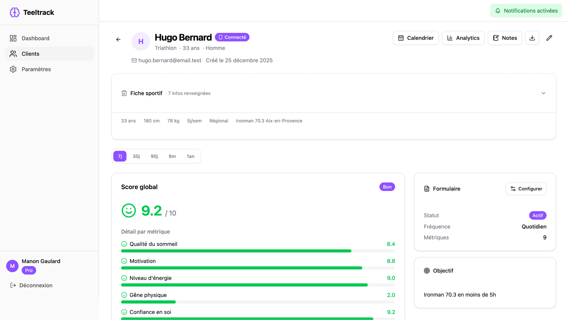 Fiche client coach sportif — scores de bien-être, tendances et alertes automatiques