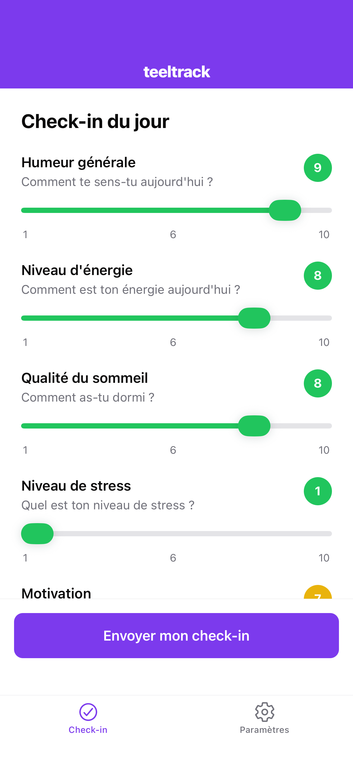 Application mobile Teeltrack — check-in quotidien bien-être sportif en 30 secondes