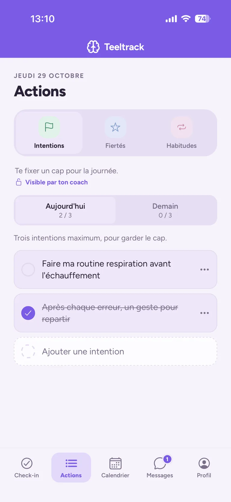 Onglet Actions de l'app Teeltrack : intentions du jour, fiertés et habitudes