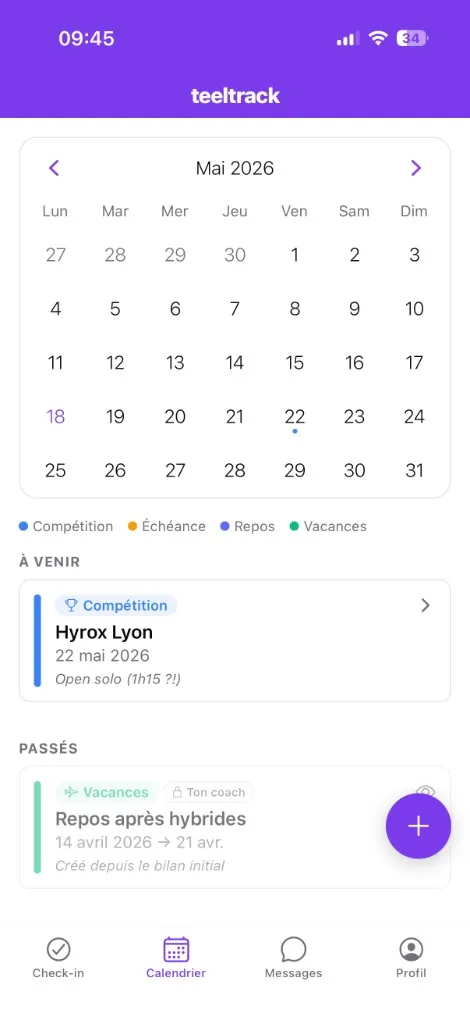 Calendrier partagé Teeltrack — compétitions, échéances et phases de repos planifiées entre coach et sportif