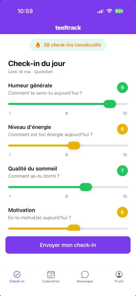 Application mobile Teeltrack — check-in quotidien bien-être sportif en 30 secondes (humeur, énergie, sommeil, motivation) avec 38 check-ins consécutifs