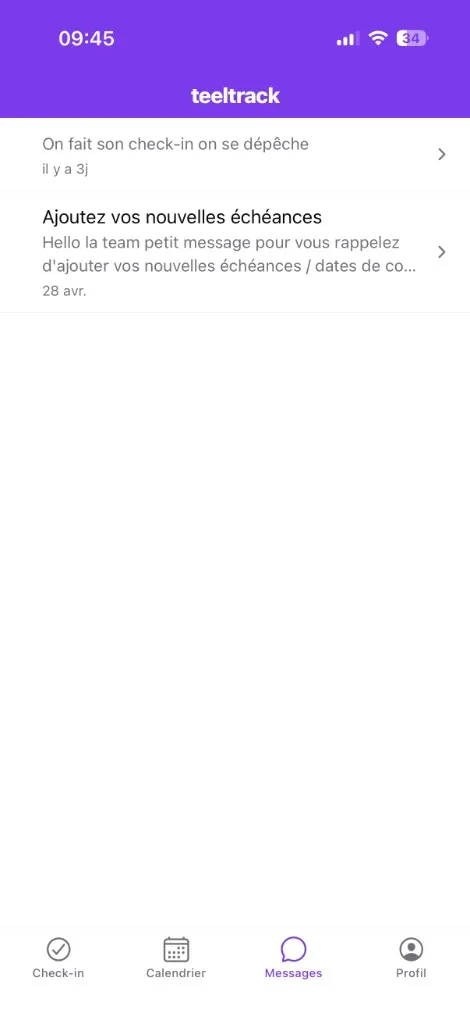 Tab Messages de l'app mobile Teeltrack — informations et conseils envoyés par le coach au sportif